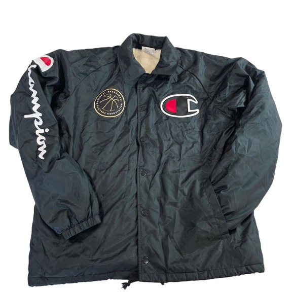 Champion Coaches Jacket Black M 100% Polyester Long Sleeve Snap Button NBPA Logo